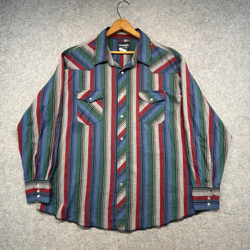Vintage Wrangler Shirt Mens 3XL Blue Striped Pearl Snap Western Cowboy